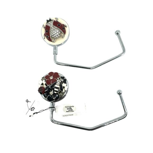 LOT OF 2 BLING LADYBUG PURSE BAG HOOK HOLDERS FOLDING HANDBAG TABLE HANGERS - Picture 3 of 4